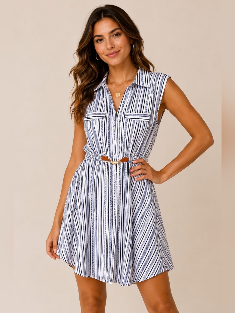 Indigo Rose Blue & White Striped Dress | Sleeveless Cinched Waist Mini Dress